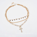 Fashion 3 Layered Necklace For Women With Crucifix Crystal Stone Pendant Necklace
